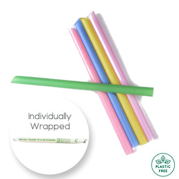 50 x Chunky Colourful COMPOSTABLE Straws - Individually Wrapped 1.2x21cm